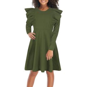 GORLYA Girl's Flutter Sleeve Stretchy A-Line Swing Flared Skater Party Dress with Pockets for 4-12 Years Kids (Olive-long Sleeve)