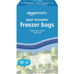 Amazon Basics Reclosable Freezer Quart Food Storage Bags with Zipper Seal, BPA Free, Stand and Fill, Airtight, 120 Count (Previously Solimo)