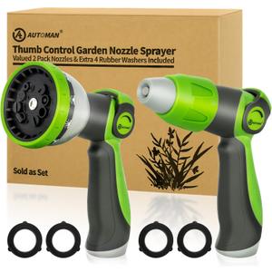 AUTOMAN Garden Hose Nozzle - 2 Pack, Thumb Control Sprayer, Slip-Resistant Water Nozzle, Extra 4 Washers, for Watering Plants Lawn & Garden, Cleaning, Washing Car, Showering Pets, Compact, Handheld