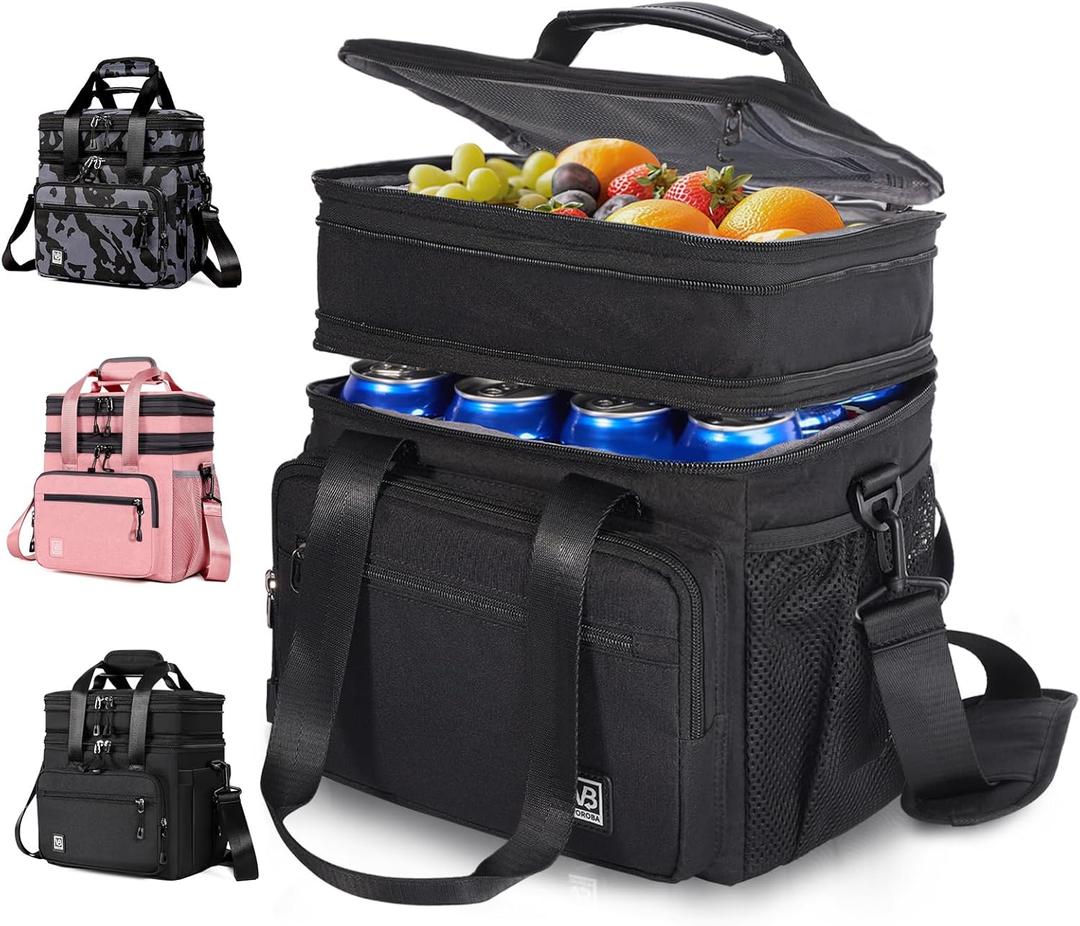 Double Deck Large Lunch Box for Women, Expandable Black Adult Lunch Box with Shoulder Strap, Leakproof Insulated Black Lunch Bag, 24 cans Adult Lunch Bag, Womens Lunch Bags for Work Travel Hiking