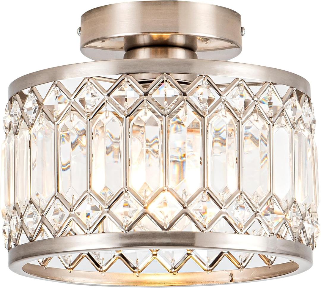 Rpzloila Crystal Ceiling Light Fixture, Modern Semi Flush Mount Ceiling Light,Crystal Chandelier for Kitchen Bedroom Bathroom Entryway Nickel Finish (Bulb not Included)
