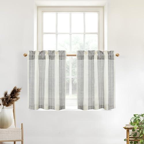 DriftAway Kitchen Curtains Striped Tier Linen Short Curtains Pinstripe Cafe Curtains 24 Inch Length for Living Room Bathroom Chris Farmhouse Rustic Curtains Rod Pocket 2 Panels Gray