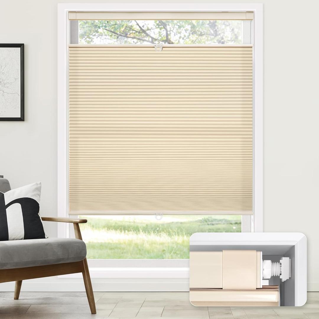 LazBlinds No Tools No Drill Cordless Cellular Shades, Top Down Bottom Up (TDBU) Honeycomb Shades for Home, Light Filtering Thermal Insulation Blinds for Windows, 22" W x 64" H, Beige