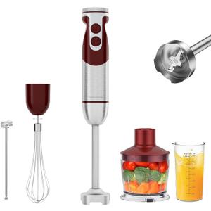 MegaWise 5-in-1 Immersion Hand Blender Set with Variable Speed, 400W, Stainless Steel - Includes Chopper, Whisk, Milk Frother, and Beaker - Ideal for Soups, Smoothies, Baby Food & More (RED)