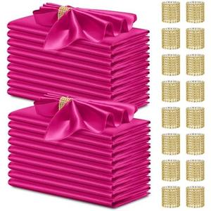 vveiiye 40 Pack Satin Napkins and Napkin Rings Set of 20 Hot Pink Satin Table Napkins 17 x 17 Inch, 20Pcs Silky Cloth Napkins for Wedding Party Banquets Dinner