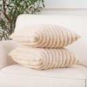 NiNi ALL Faux Fur Plush Throw Pillow Covers Beige 24x24 Inch Set of 2 Decorative Soft Plush Striped Couch Pillow Cover for Sofa Cushion Cases for Couch Bed Home Decor