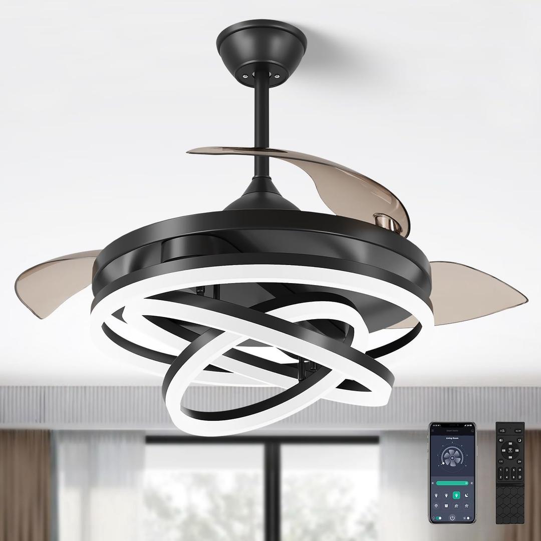 FIDGRA 42 Inch Retractable Ceiling Fan, Chandelier Ceiling Fans with Lights, Silent DC Motor, 6 Speeds, 3 Color Changing for Bedroom Living Room (Black)