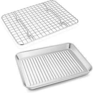P&P CHEF Baking Oven Pan with Wire Rack, Stainless Steel Baking Oven Sheet Tray, Bacon Pan and Cooling Rack for Cooking Roasting Cookie, Dishwasher Safe & Easy Clean, 10.5 x 8 x 1 Inch