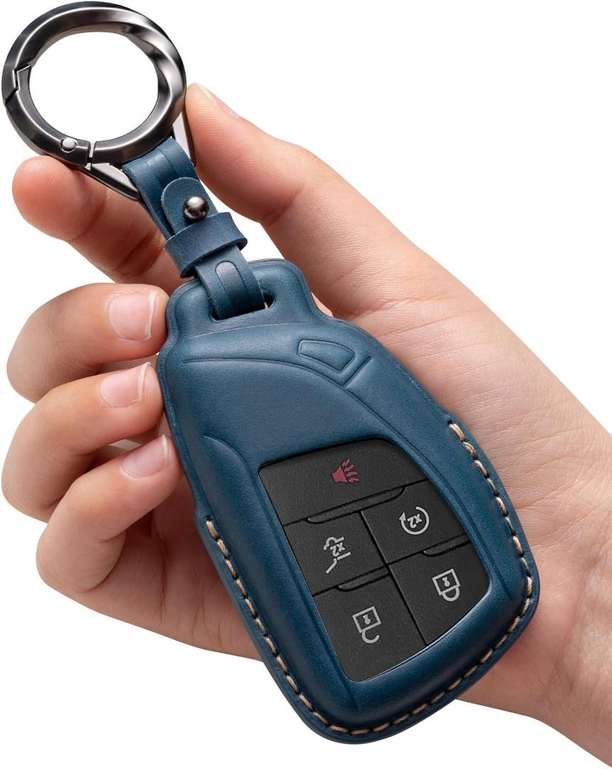 for GMC Key Fob Cover Leather Car Remote Case Holder Keychain Compatible for Chevy Tahoe Suburban Silverado GMC Sierra Yukon Denali Buick -Blue