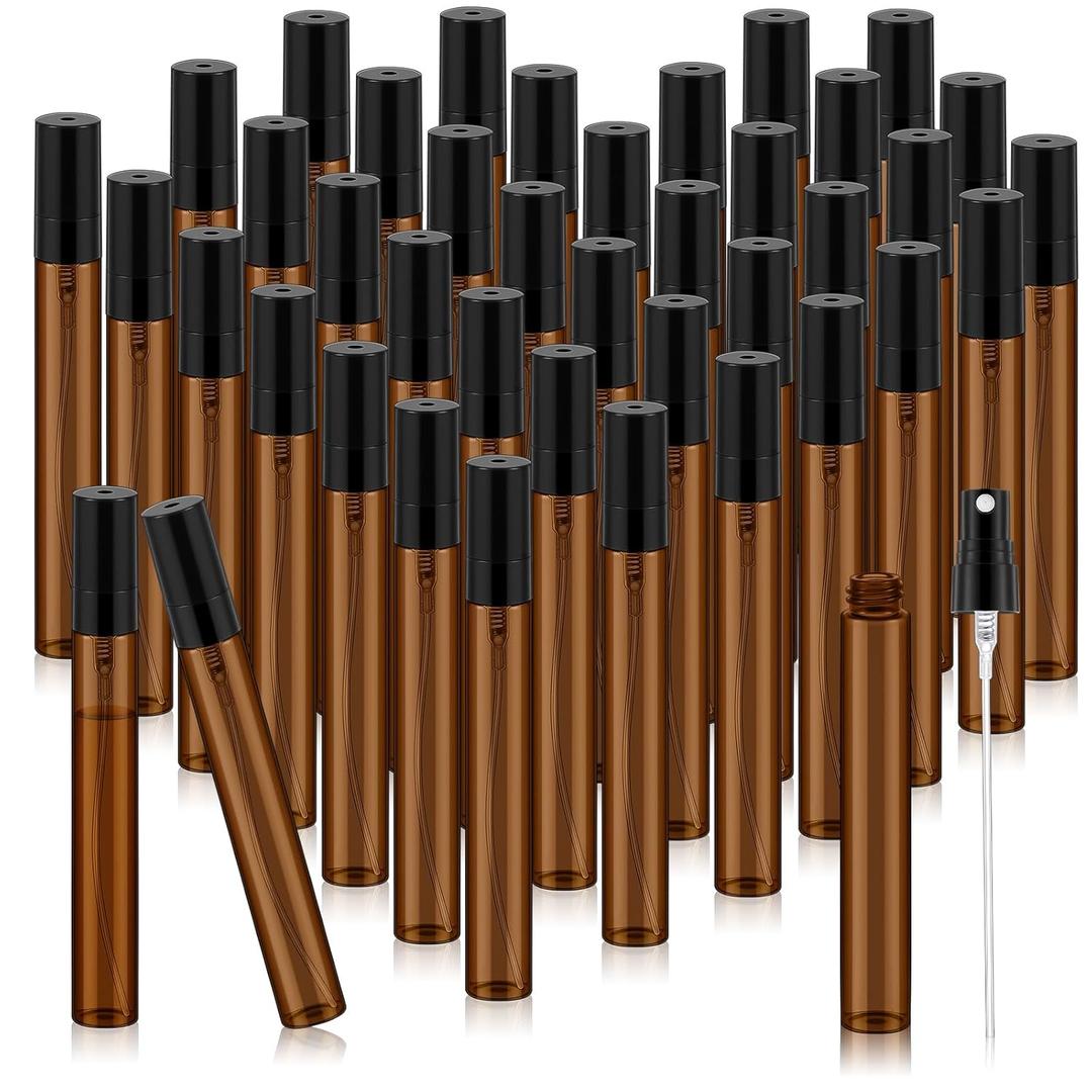 Zhehao 50 Pcs Mini Spray Bottles 10ml Clear Glass Perfume Bottles Refillable Fine Mist Perfume Atomizer Portable Empty Sample Containers for Cleaning, Essential Oils, Travel (Amber)