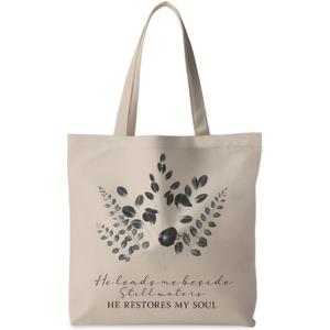 Christian Tote Bag, He Restores My Soul Bible Canvas Tote Bags for Women, Faith Based Gifts, Religious Reusable Grocery Shopping Bags