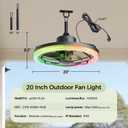 20" Outdoor Ceiling Fans with Light for Patios, 16.4ft Waterproof Plug in Ceiling Fan, 6 Speeds Reversible Hanging Fan, 2 Downrods,with Bluetooth Speaker & RGB for Patio, Porch, Pergola