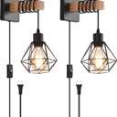 Rustic Wall Sconces Fixtures with Plug in Cord, Set of Two Indoor Vintage Rattan Wall Light Industrial Lamp Fixture Farmhouse Metal Sconces Light for Bedroom Bedside Living Room