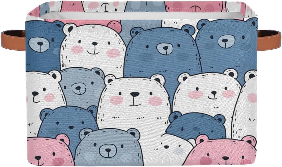 Cute Storage Bins for Organization, Canvas Book Storage Bins Handles, Bedroom Shelves Decorative Baskets for Organizing, Fabric Cube Bin Classroom Dorm Closet Organizer Box (Cute Bear)