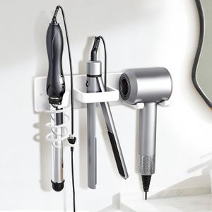 Blow Dryer Holder Wall Mount, 3 in 1 Bathroom Hair Tool Organizer with Curling Iron Holder & Flat Iron Holder, Universal Hair Dryer Holder Rack Storage White