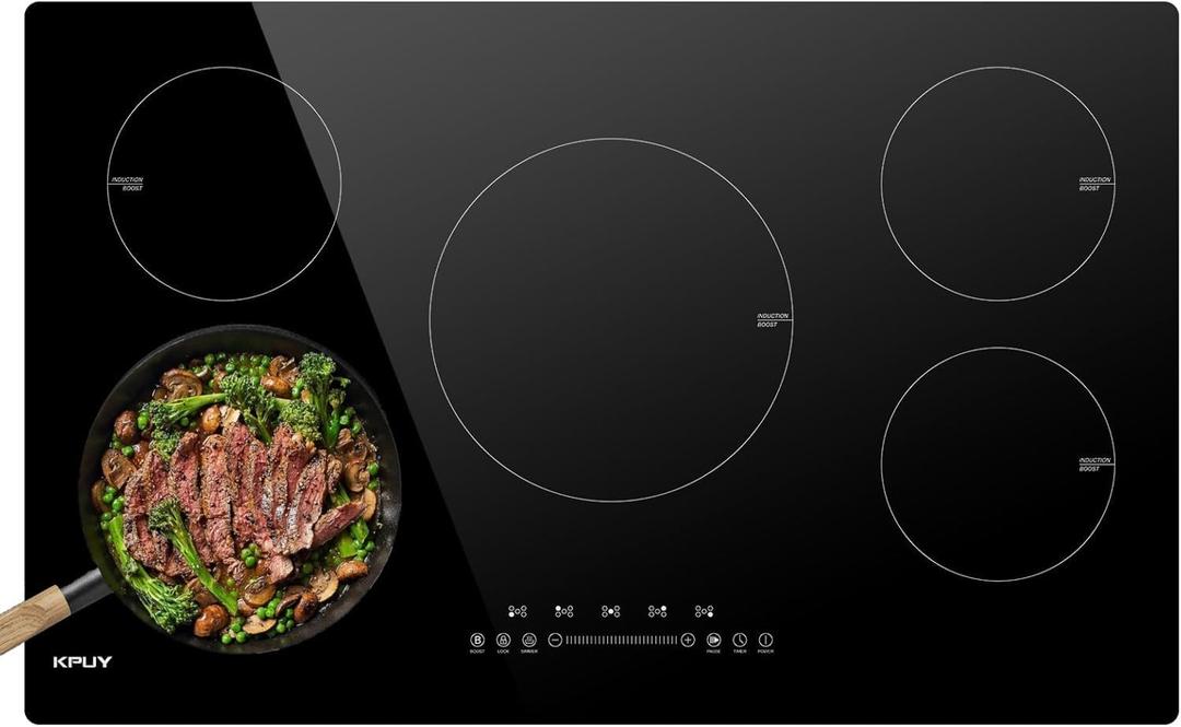 KPUY Induction Cooktop 36 Inch with 5 Burner, Electric Burner 220-240V, 7400W Electric cooktop with Keep Warm Function& Timer, 9 Power Levels, 36'' Induction Cooktop Hard Wire(No Plug)
