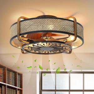 Caged Fandelier With Light and Remote - 21" Rattan Low Profile Enclosed Ceiling Fan, 6 Speeds Reversible Motor, Flush Mount, Black