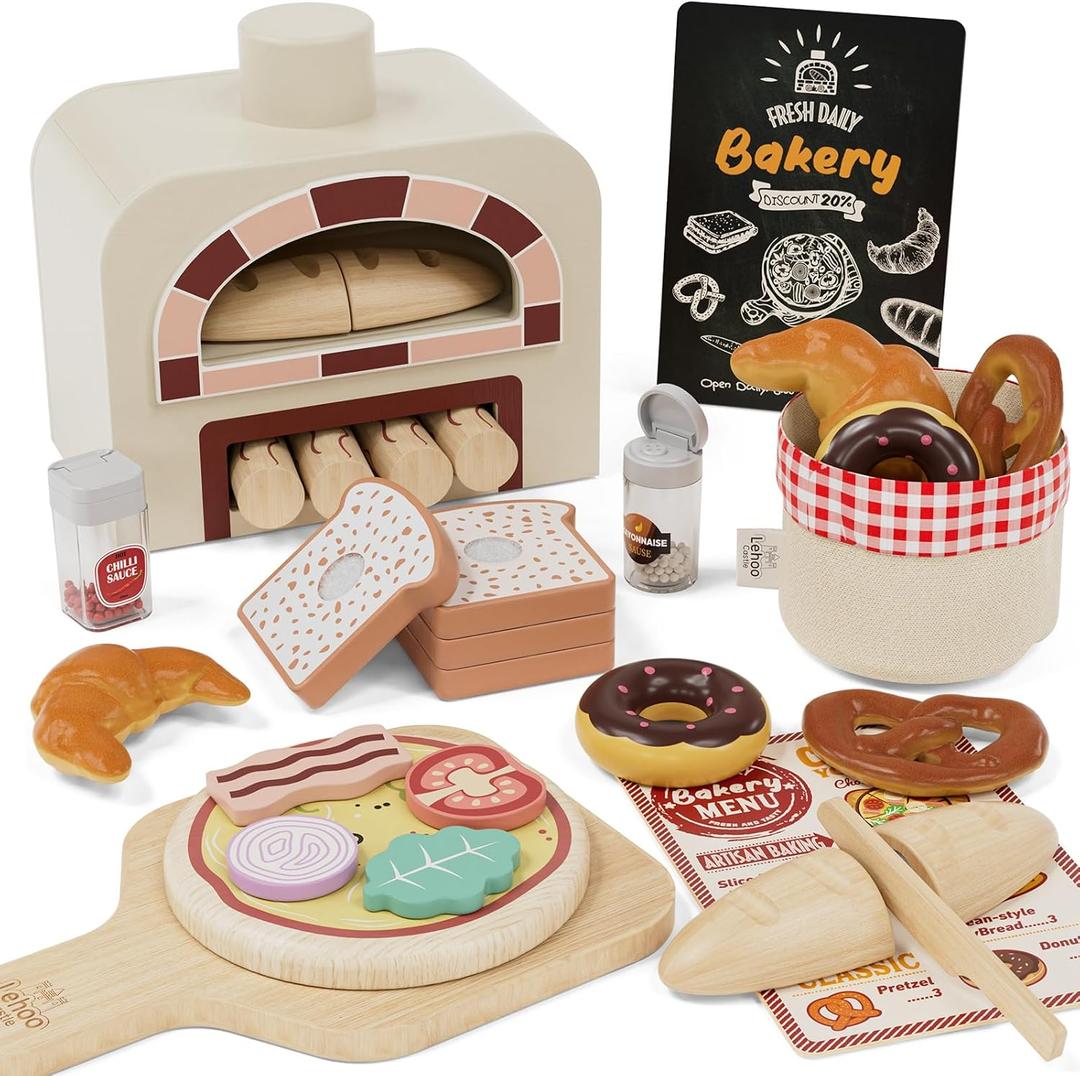 Lehoo Castle Wooden Play Food Toys, Pizza Oven Playset, Pretend Play Food Set for Kids Kitchen, Toddler Kitchen Playset Cooking Set for Girls, Gifts for 3-5 Years Old