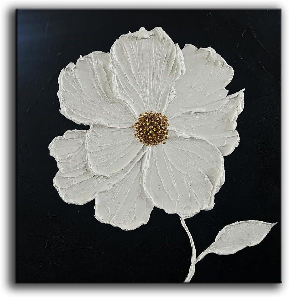 YaSheng Art - Thick Texture Flowers Abstract Oil Painting Hand-Painted Black and White Wall Art Minimalist modern Art Paintings Home Living room Room Dining Room Bedroom Wall Decorative Art Oil Painting 24x24inch (YS191)