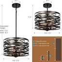 12.6'' Farmhouse Chandeliers for Dining Room, 3-Light Industrial Metal Hanging Light Fixture, Rustic Drum Pendant Light for Entryway Kitchen Foyer Bedroom, Black with Retro Wood Texture Interior