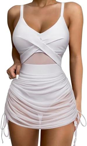 SUUKSESS Women One Piece Swim Dress Tummy Control Swimsuit Mesh Bathing Suit M, White