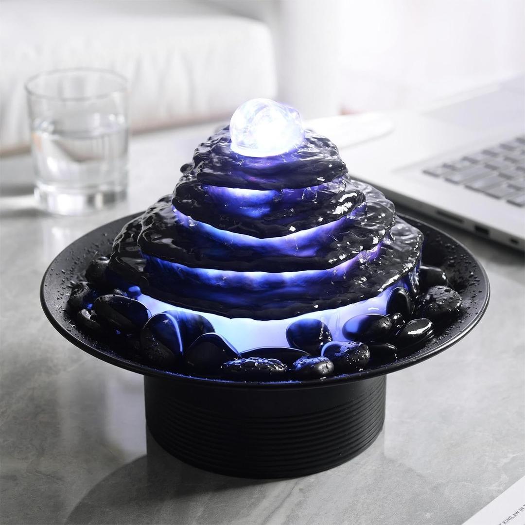 Home Dcor Stone Flake Waterfall Tabletop Fountain 4-Layer Black Cobblestone Changing Color Led Glass Rotating Ball Water Sound Gift(23146)