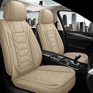HAIYAOTIMES Leather Car Seat Covers Full Set, Waterproof Faux Leather Seat Covers for Cars, Non-Slip Car Interior Covers Universal Fit for Most Cars Sedans Trucks SUVs, Beige