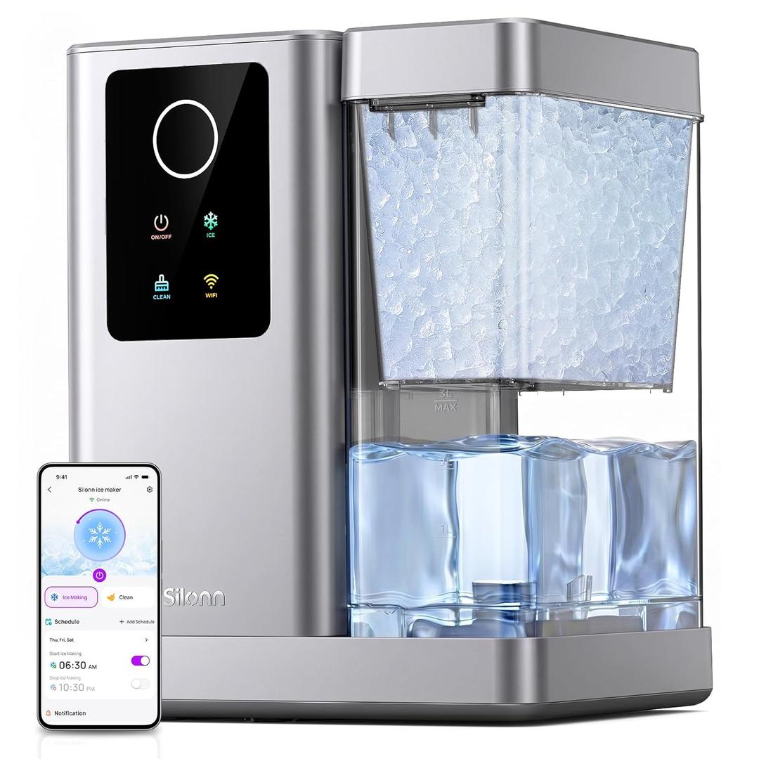 Silonn Nugget Ice Maker Countertop with APP & Voice Control, Self Cleaning Ice Machine with 3L Large Water Tank, 40 lbs/24H Soft Chewable Ice, Portable Pebble Ice Maker for Home and Party, Silver