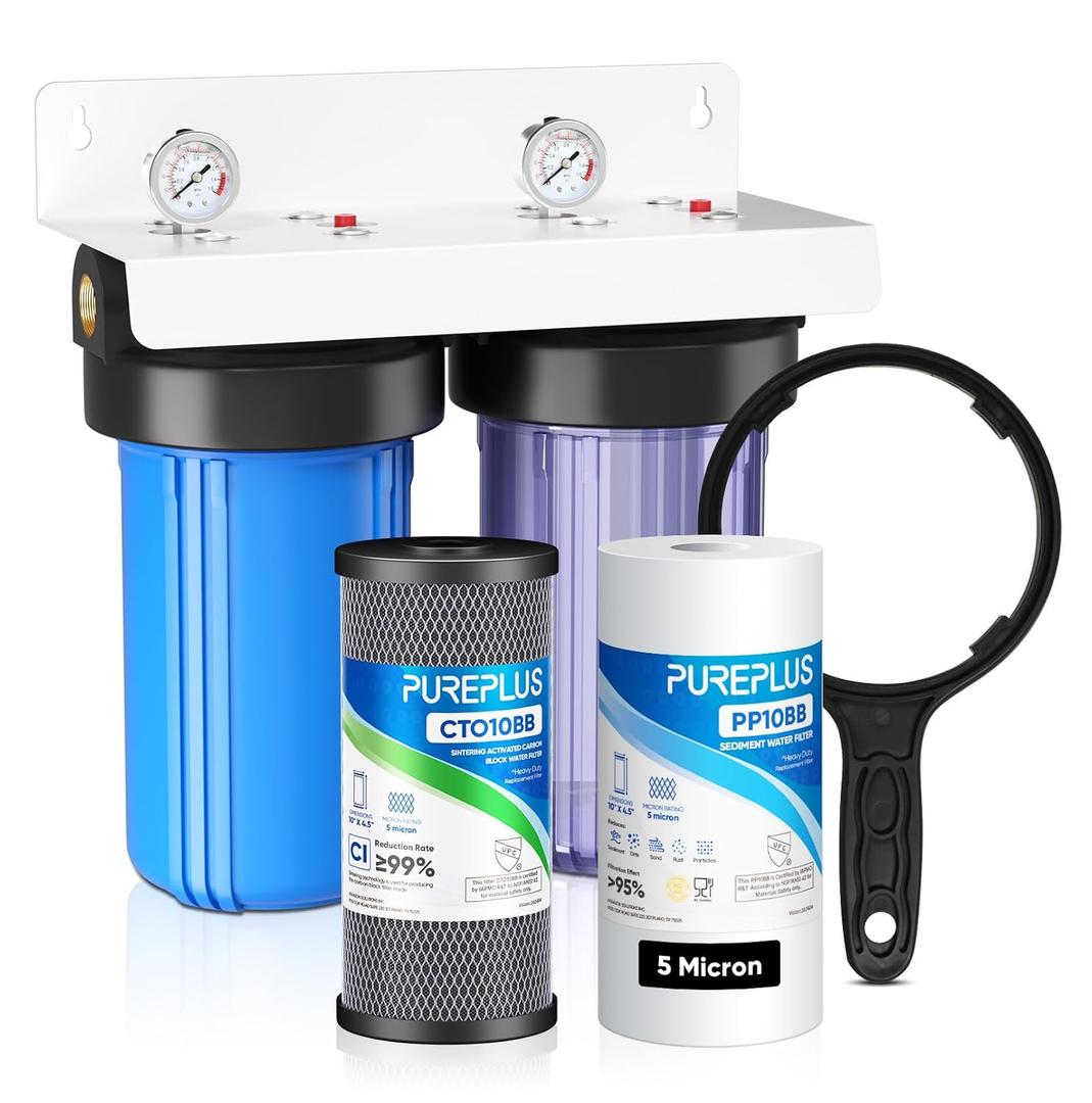 PUREPLUS 5 Micron 2-Stage Whole House Water Filter System for Municipal Water, 10"x4.5" Universal Clear Housing with Pressure Gauges, 1" NPT NSF/ANSI 42 Certified Filters, Chlorine & Odor Removal