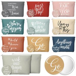 20 Pcs Employee Appreciation Gifts 10 Inspirational Canvas Makeup Bags 10 Compact Mirrors Bulk Cosmetic Bags Round Portable Pocket Mirror Thank You Gifts for Women (Incentive)