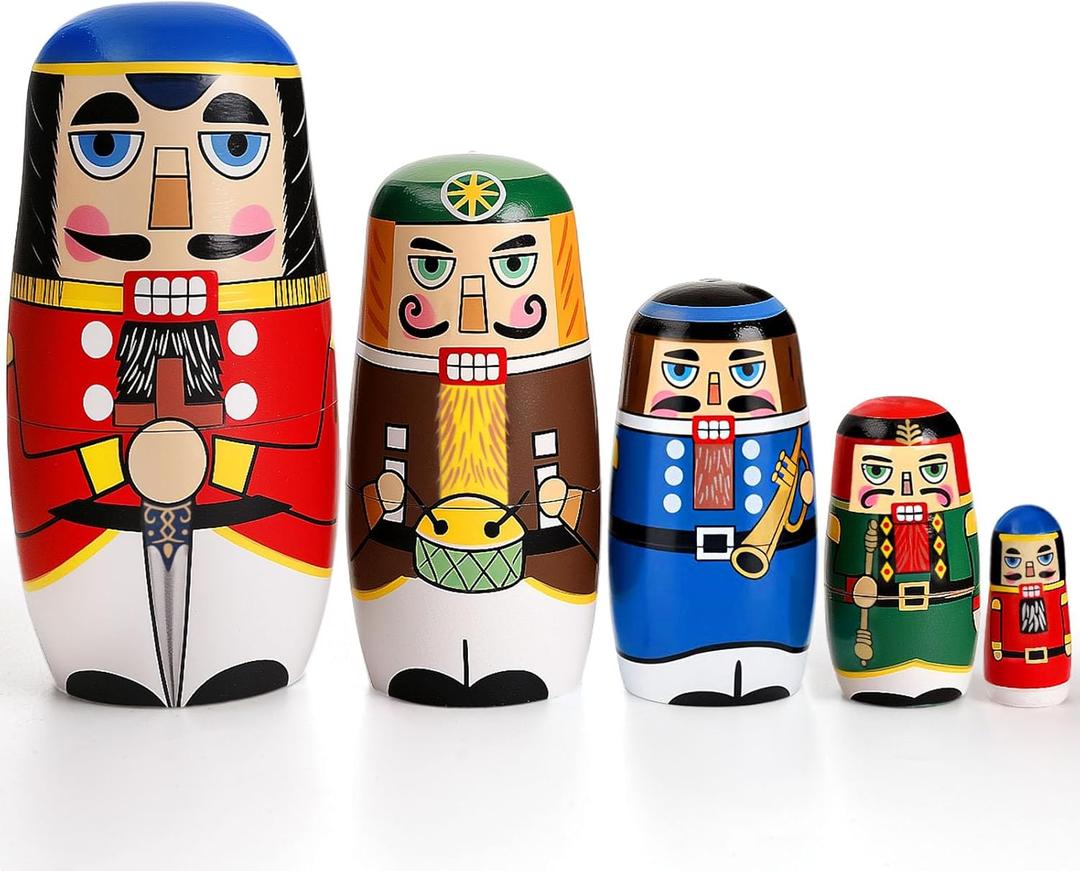 AMOR PRESENT Nutcracker Nesting Dolls, 5pcs Russian Matryoshka Dolls Christmas Nutcracker Figures Handmade Wooden Set (Multicolor)