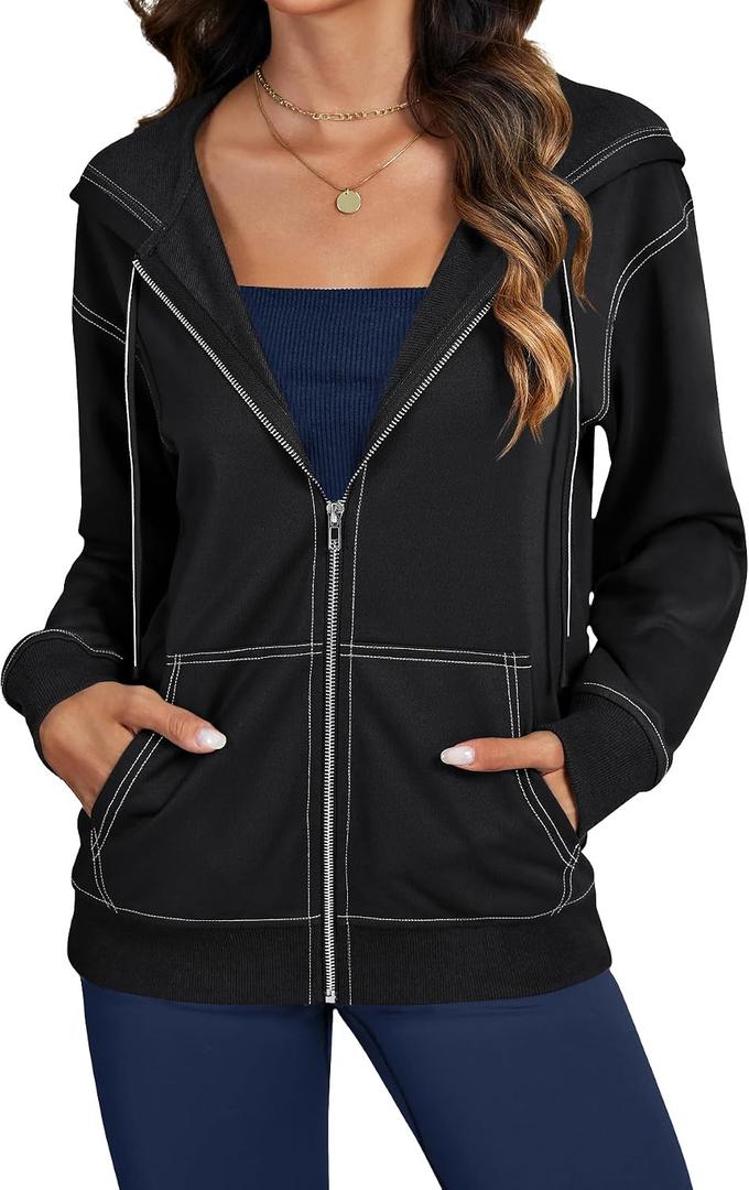 LYANER Women's Zip Up Hoodie Lightweight Long Sleeve Jackets With Zipper Fall Fashion Hooded Sweatshirt (Black, M)