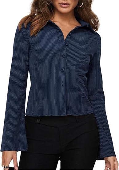 Women Button Down Shirts Long Sleeves Slim Fitted Casual Collared Blouses Work Striped Tops M
