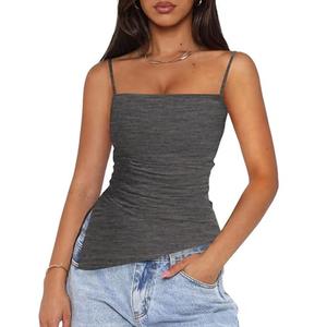 PRETTYGARDEN Women's Summer Spaghetti Strap Tank Tops Sleeveless Camisole Blouses Asymmetrical Going Out Basic Tank Shirt (Grey,Medium)