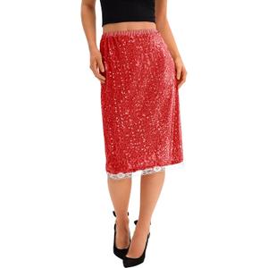 Yousify Womens Sequin Midi Skirts Y2K Elastic High Waisted Lace Trim Sparkly Stretchy Night Out Club Concerts Party Skirt (Red, M)