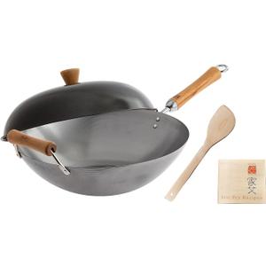 JOYCE CHEN Classic Series 14-Inch Uncoated Carbon Steel Wok Set with Lid and Birch Handles, 4 Pieces
