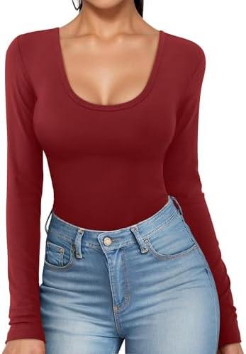 DittyandVibe Womens Scoop Neck Long Sleeve Tops Low Cut Slim Fitted Shirts Casual Tee Tshirt, L