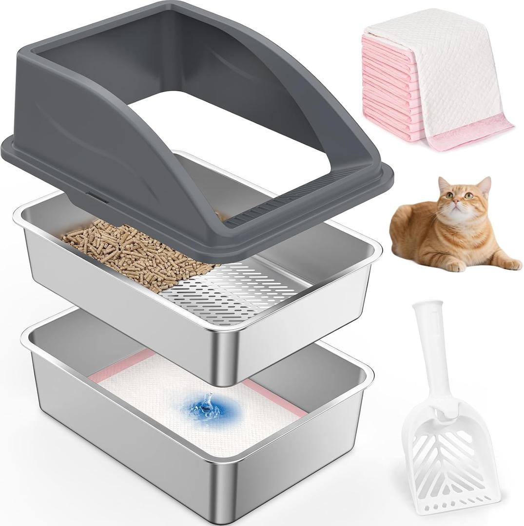 Stainless Steel Litter Box for Pine Pellet Cat Litter Non Clumping Litter System | XXL Sifting Cat Litter Box with Lid for Big Cats | High Sided, Anti-Urine Leakage | Non-Stick Bottom (Dark Gray)
