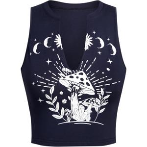 Remidoo Women's Graphic Tank Top Sleeveless Notched V Neck Muscle Crop Top Mushroom Shirt (XL)