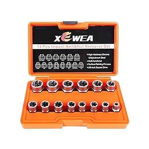 XEWEA Professional 14PCS Bolt Extractor Set, 3/8" Drive Impact Stripped Bolt Remover Socket Set for Removing Damaged Broken Rounded Off Bolt & Nut, Impact Grade Cr-Mo Steel with Case Father's Day Gift