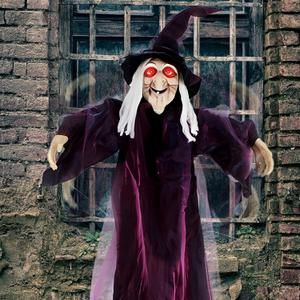Halloween Witch Decorations Outdoor Life Size Hanging Talking Witch Animated Halloween Witch with Sound Activation and Red Eyes for Halloween Decorations Haunted House Prop Décor, Purple
