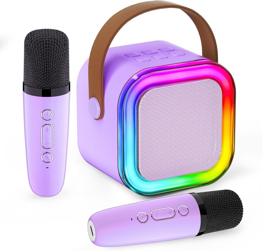 IROO Mini Karaoke Machine for Kids, 2025 Popular Birthday Gifts Toys for Girls Boys Age 3-12+, Portable Bluetooth Speaker with 2 Wireless Mics Lights, Karafun Premium Song Family Home Party(Purple)