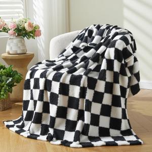 NEWCOSPLAY Knitted Black White Checkered Blanket Super Soft Plush Throw for Couch Fuzzy Fluffy Microfiber Lightweight Blanket for Bed Sofa All Season Use (Black White, Throw (50"x60")