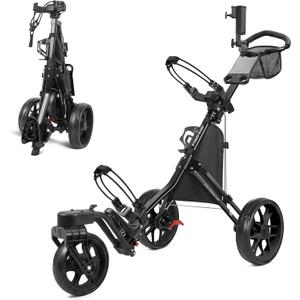findway Golf Push Cart 3 Wheel, Foldable 360° Swivel Front Wheel Golf Bag Cart, Lightweight Golf Pull Cart with Foot Brake, Adjustable Handle, Storage Bag, Umbrella & Drink Holder
