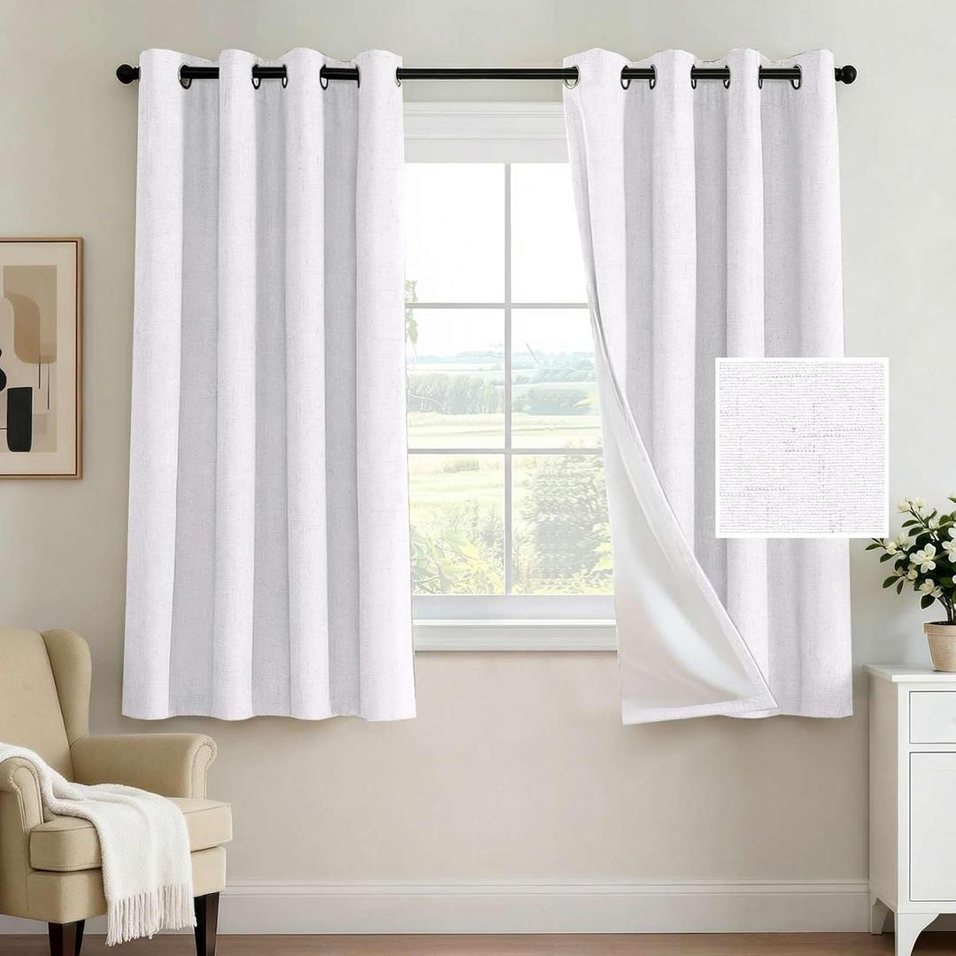 H.VERSAILTEX 100% Blackout Curtain for Bedroom 63 Inches Long Grommet Linen Face Full Light Blocking Curtain Drape for Living Room Thermal Insulated Linen Look Curtain 1 Panel, Pure White