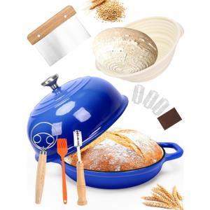 QuliMetal Dutch Oven Bread Baking- 5QT Enamel cast iron Oven with Sourdough Bread-Baking Supplies like Bread Proofing Basket, Scoring Lame, Dough Whisk for Sour dough, Bread-making Blue