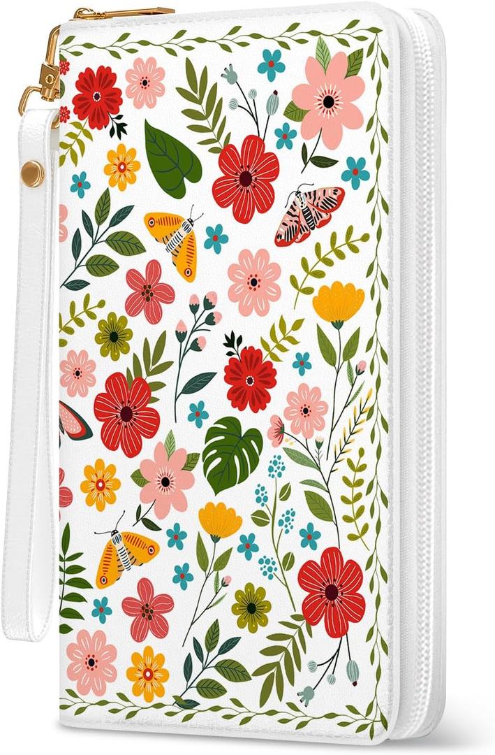 Flower Womens Wallet, RFID Blocking Wallets for Women, ColofuleFloral Ladies Purse with Zip Around Credit Card Holder and 10 Card Slots & ID Window, Large Capacity Clutch Hand Strap Christmas Gift