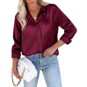 siliteelon Button Down Shirts For Womn Satin Women Blouse Silk Long Sleeve Dress Shirt Business Tops Office Work (Large, Burgundy)