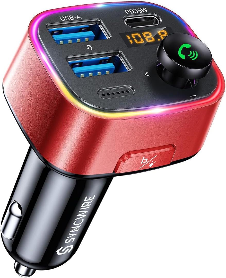 Syncwire Bluetooth 5.4 FM Transmitter Car Adapter 48W (PD 36W & 12W) [Light Switch] [Hi-Fi Deep Bass] [Fast Charge] Wireless Radio Music Adapter LED Display Hands-Free Calling Support USB Drive, Red