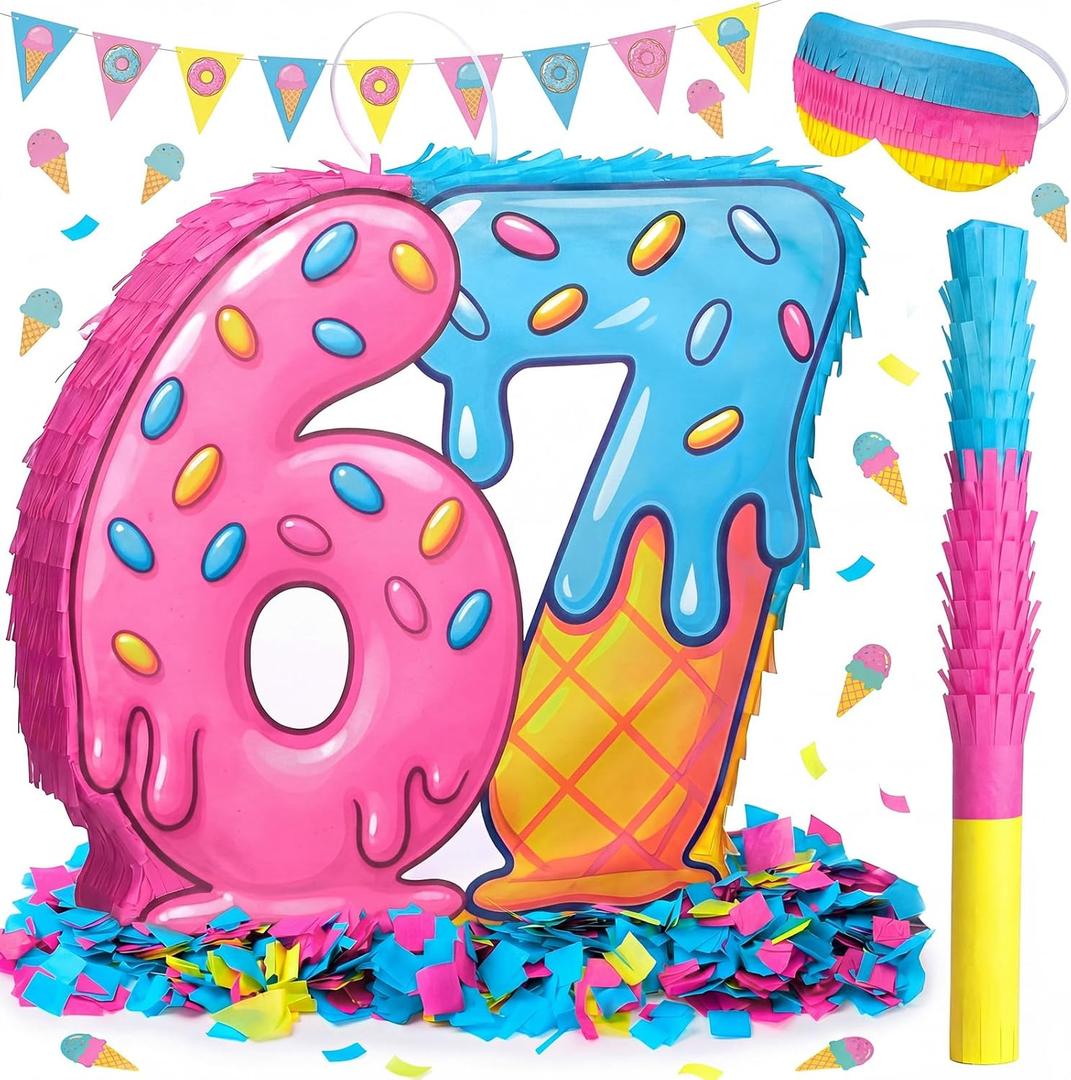 67 Themed Ice Cream Drip Piata Six Seven Birthday Party Supplies Ice Cream Drip Pinata Bundle with Blindfold Stick and Confetti for Birthday Summer Party